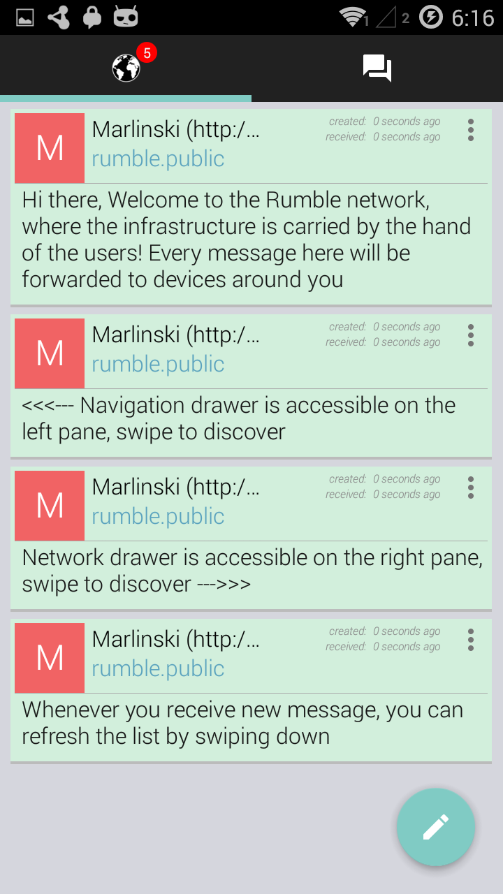 The Rumble feed, showing messages in rumble.public