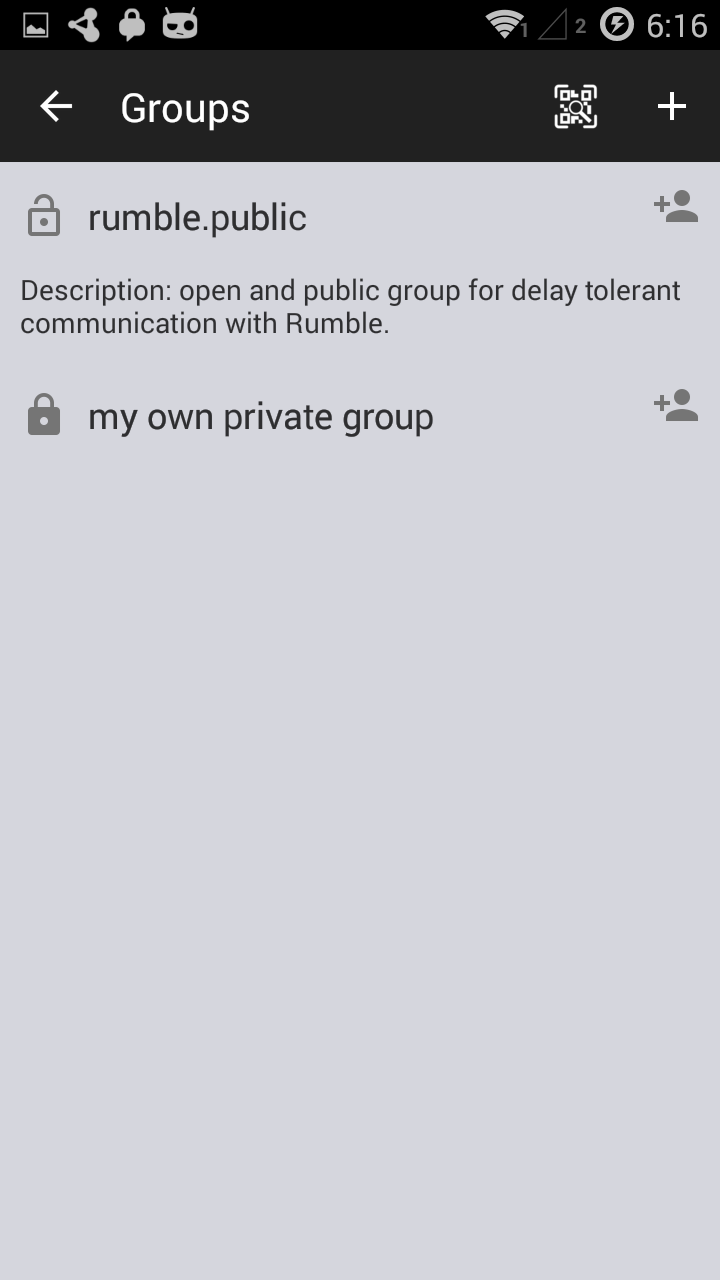 The Groups screen, showing rumble.public and a private group
