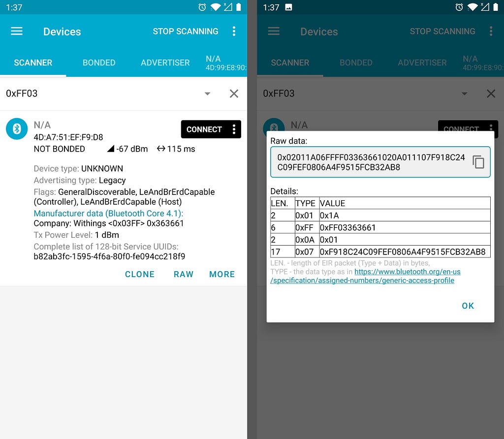 BLE advertising beacon captured with nrfconnect